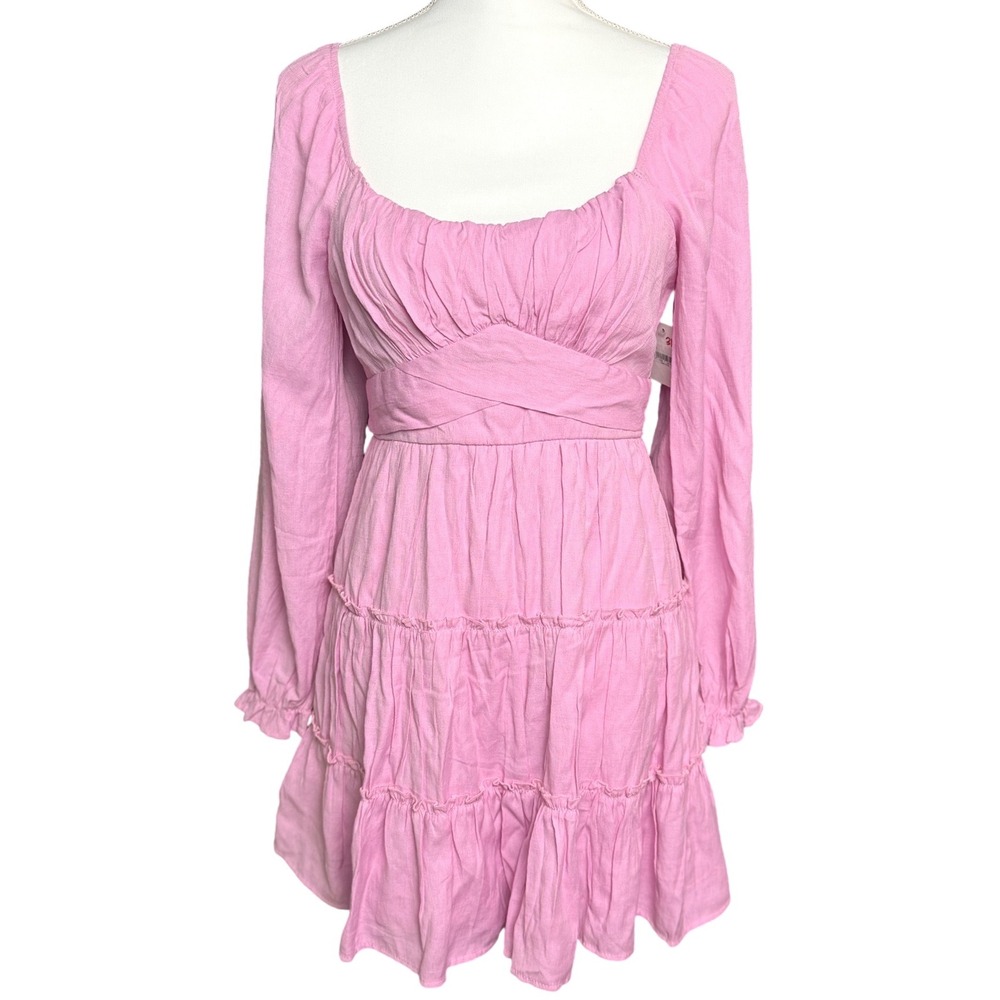 Altar'd State Pink Cottagecore Mini Dress Empire Waist Long‎ Sleeve Tiered M NWT